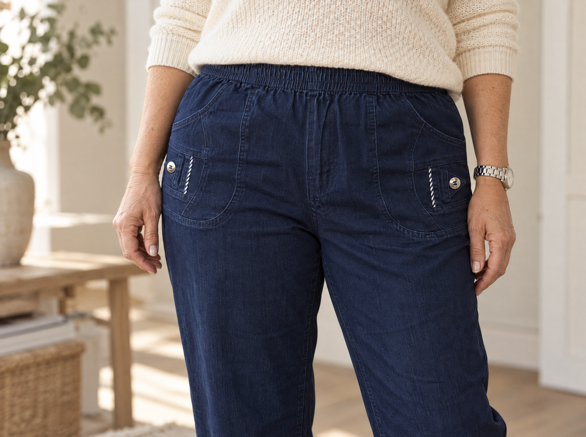 Detail van de elastische tailleband, denimstof en knoopzakken van de jeans. AI-sfeerbeeld op basis van onze productfoto’s.