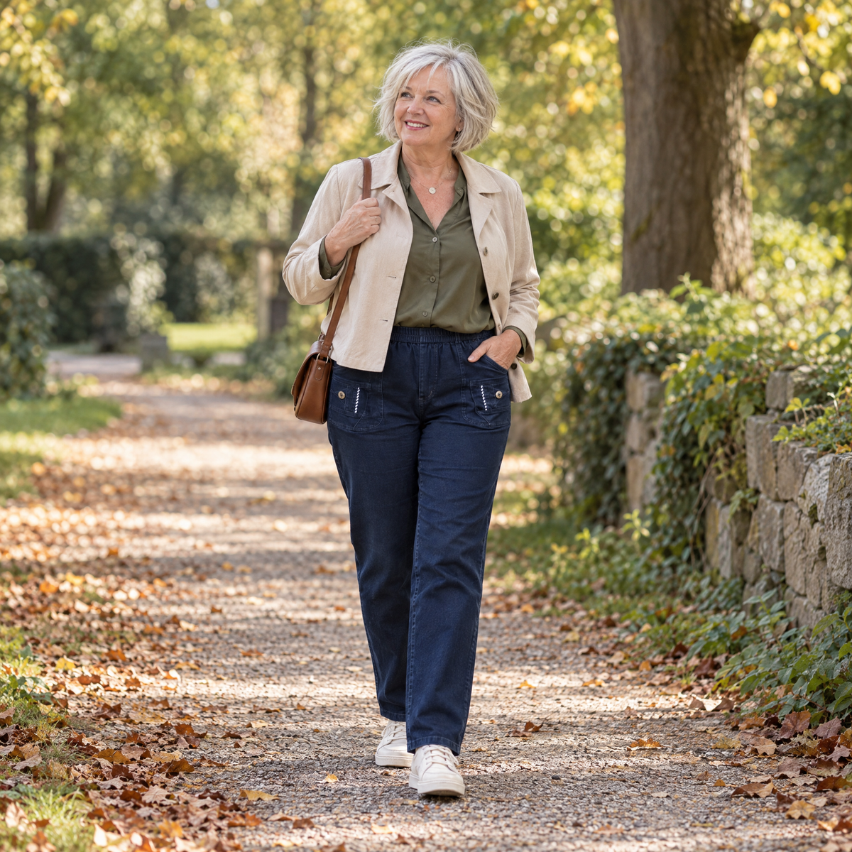 Vrouw wandelt in het park met een donkerblauwe Cherry Berry jeans. AI-sfeerbeeld op basis van onze productfoto’s.