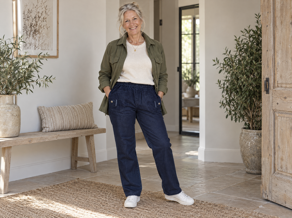 Complete outfit met donkerblauwe Cherry Berry jeans en olijfgroen jasje. AI-sfeerbeeld op basis van onze productfoto’s.