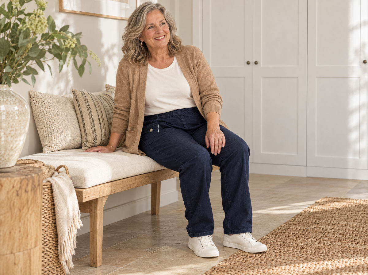 Vrouw zit op een bankje in een donkerblauwe Cherry Berry jeans. AI-sfeerbeeld op basis van onze productfoto’s.